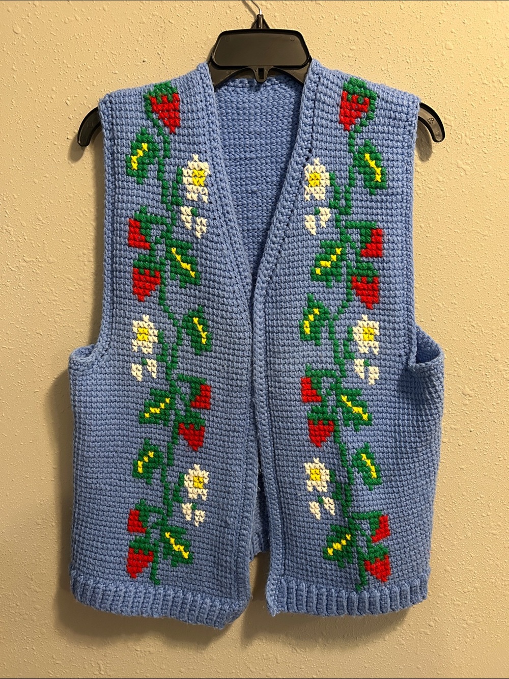 Vintage Handmade Knit Strawberry Vest Blue Floral